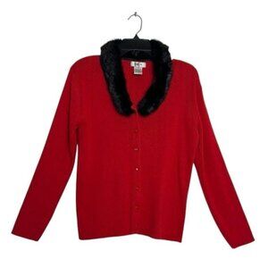KIKIT Long Sleeve Button Cardigan w/ Removable Faux Fur Collar in Red - Sz M